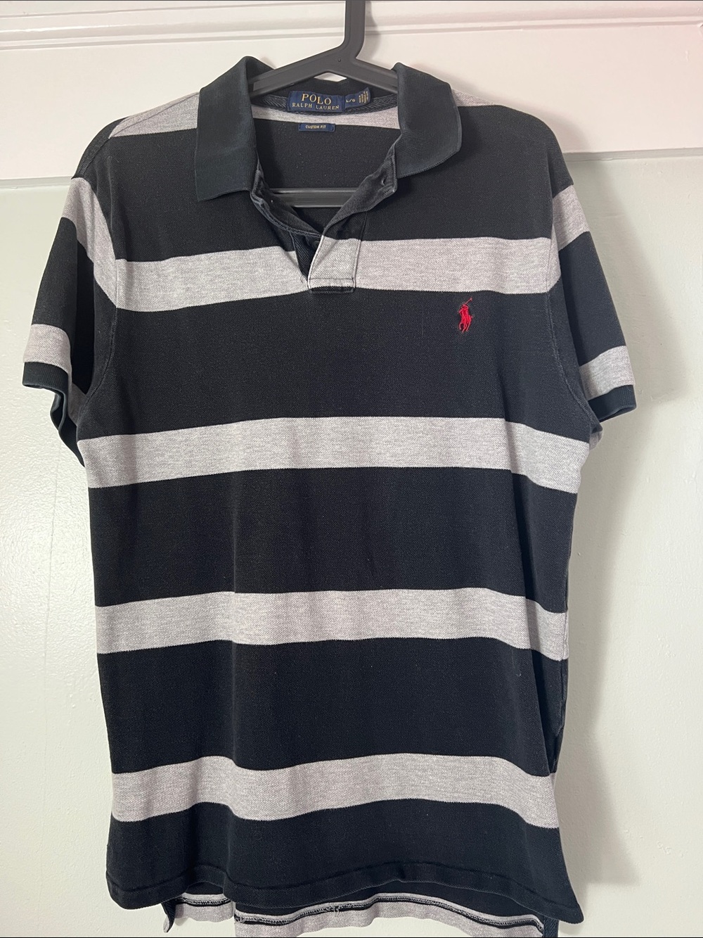 Polo by Ralph Lauren Black & Gray Striped Short-Sleeve Polo with Red Pony